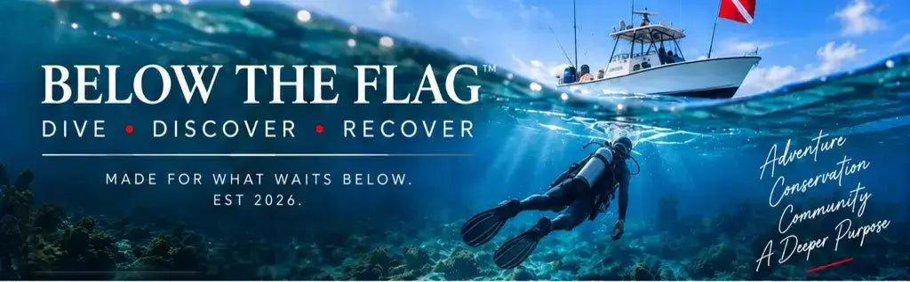 Below The Flag ocean scene with a dive boat and scuba diver
